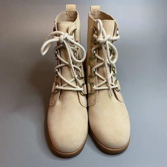Sorel Cate Lace Ankle Boots Block Heel Natural Tan - Picture 2 of 5